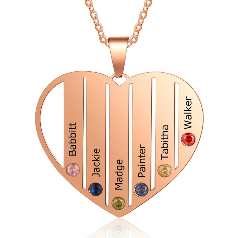Rose gold color Индивидуальное ожерелье, модные ювелирные изделия из нержавеющей стали, золотой кулон в форме сердца, выгравированные 6 именов, камни по месяцу рождения, обещают семейный подарок для женщин - Окраска металла: Rose gold color