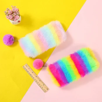 

Rainbow Plush Pencil Case School Supplies Stationery Pencilcase School Fashion Girls Cute Big Zipper Pencil Box Gifts Wholesale