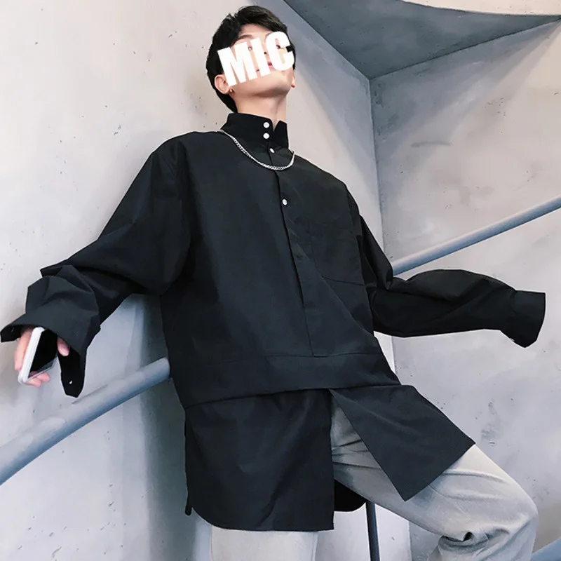Long sleeve shirt Men long sleeve shirts tide design pullover shirt for male false two pieces folded tops loose autumn