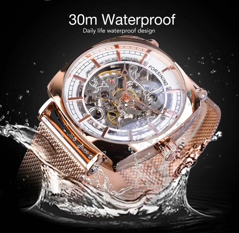 Forsining Top Brand Luxury Man Clock Fashion Mens Watch Casual Waterproof Rose Gold Mesh Skeleton Mechanical Wristwatches