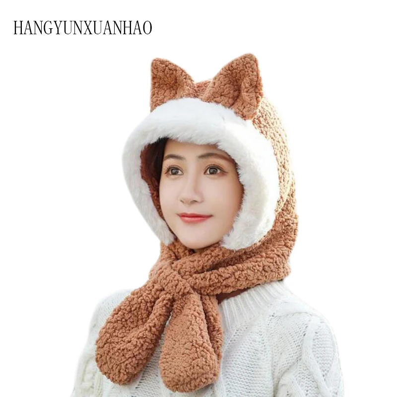 HANGYUNXUANHAO зимняя женская шапка с милыми кошачьими ушками Толстая зимняя Круглая Шапочка без полей модная женская меховая шапка с пальто с искусственным мехом вязаная шапка