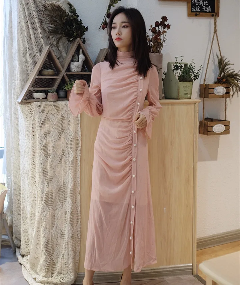 

2020 Spring New Style Retro Romantic Sequin Knitted Half-Turtle-Neck Pleated Pearl Dress Long Skirts Women's Fashion