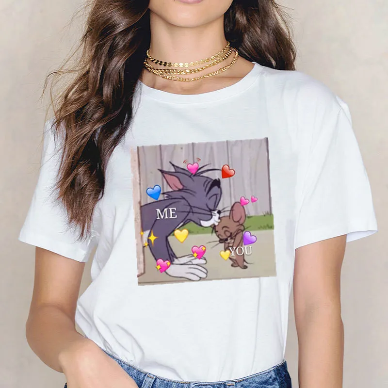

Harajuku Cute New Fashion Loose Cartoon Cat Tommy Mouse Jerry Print tops Short Sleeve O-neck New Women's Large Size T-Shirt