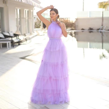 

2020 Romantic Lavender High Neck Sleeveless Tiered Ruffles A Line Floor Length Tulle Prom Party Dress