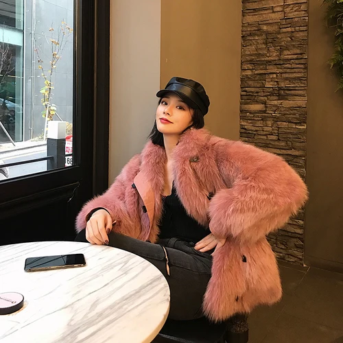pink Пальто с лисьим мехом осенне-зимнее пальто женская одежда корейская винтажная уличная Двусторонняя верхняя одежда из натурального меха Abrigo Mujer женские топы T3612 - Цвет: pink