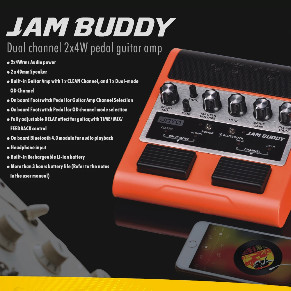 JOYO JAM BUDDY портативный Перезаряжаемый Bluetooth 4,0 двухканальный 2*4 Вт Педальный Стиль Гитарный Усилитель колонка с усилителем с задержкой