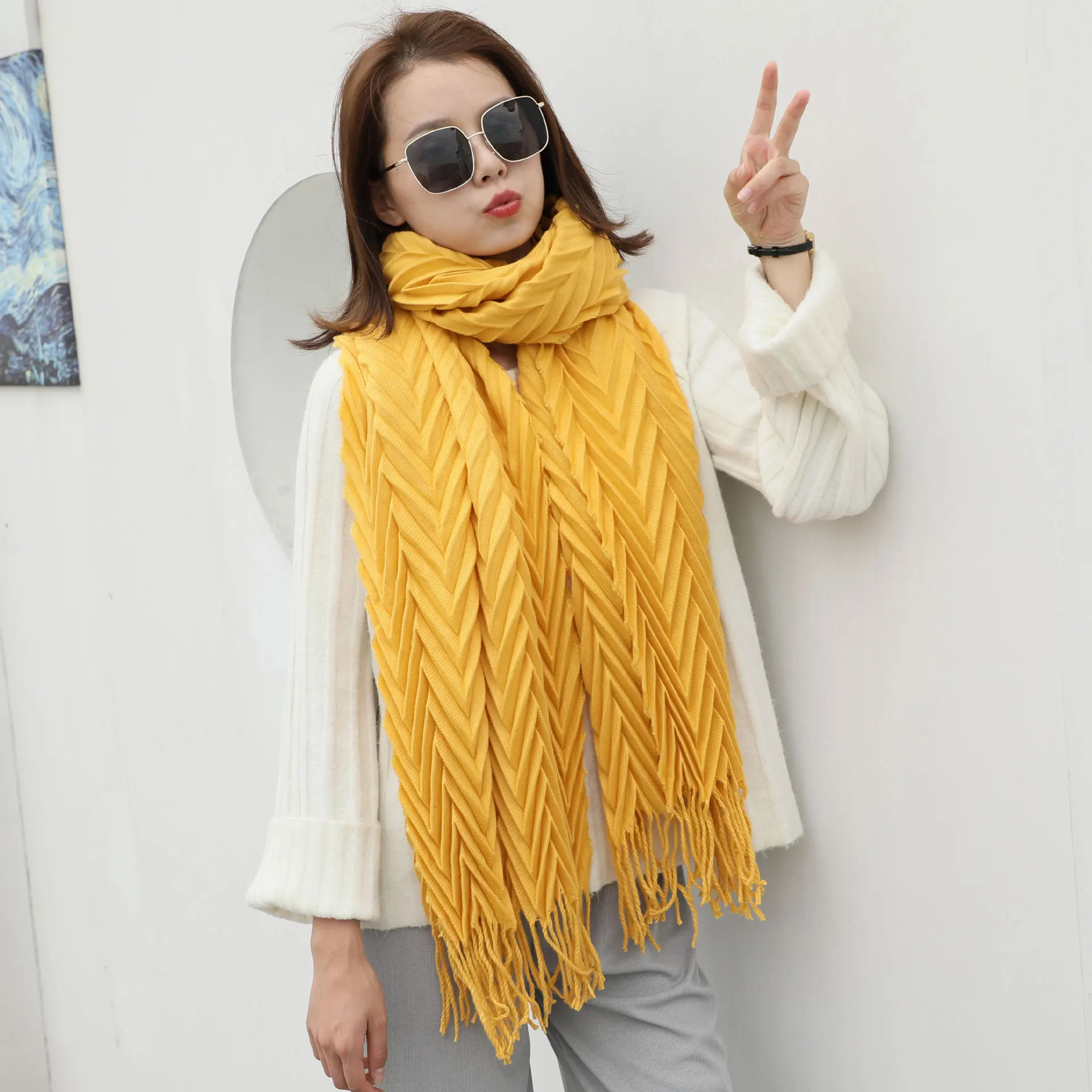 Прямая от производителя, 19 новых стильных импортных товаров, корейский стиль, акриловый шарф из искусственного кашемира с волнистыми складками на осень и зиму