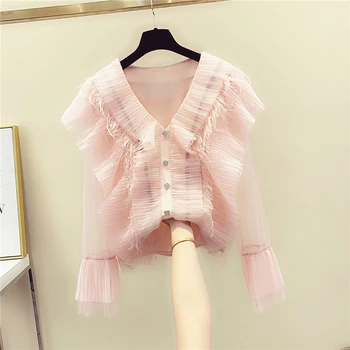 

2020 Spring and Summer Office Lady Women Shirts Gauze Joint Tassels V-neck Flounced Chiffon Shirt Chiffon Ruffles women blouses