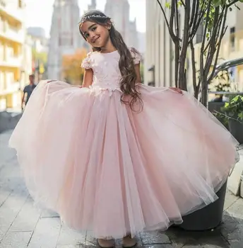 

Puffy Pink Flower Girl Dress for Wedding Party Girls Clothes Children Gown Cap Sleeves Custom Made