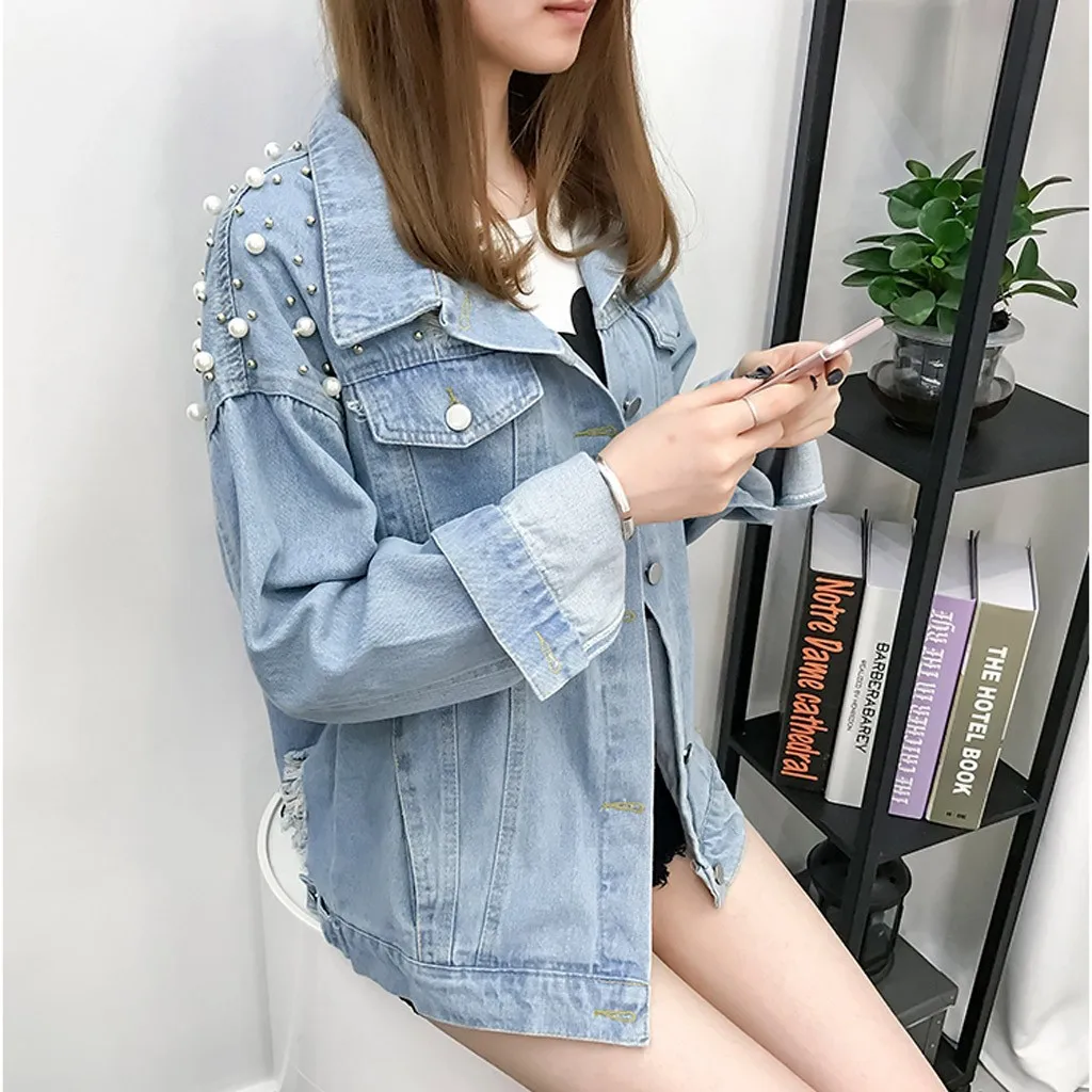 

Denim Jacket Jeans Jackets Women Button Long Sleeve Pearl Beading Denim Open Front Jean Jacket Overcoat New Arrival Women Jacket