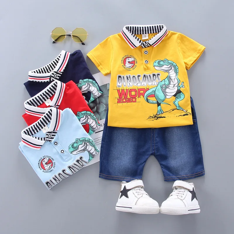 

2020 Summer New Style CHILDREN'S Short-sleeved Clothes T-Rex Set BOY'S Casual Fold-down Collar Childrenswear Cool Two-Piece Set