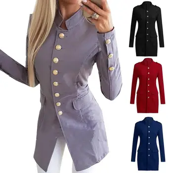 

Women Solid Color Stand Collar Long Sleeve Single Breasted Long Coat