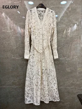 

Top Quality New 2020 Spring Long Dress Women V-Neck Allover Exquisite Embroidery String Belt Patchwork Long Sleeve Dress Maxi