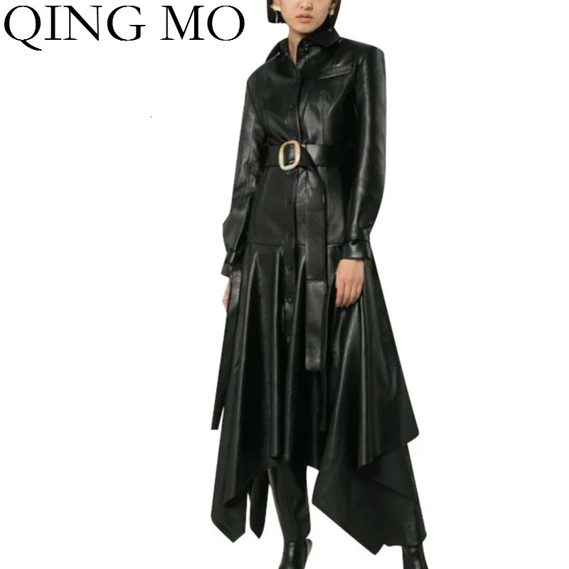 QING MO Женский Тренч из искусственной кожи, женская зимняя нестандартная ветровка с поясом, женское винтажное тонкое пальто черного цвета ZQY2012