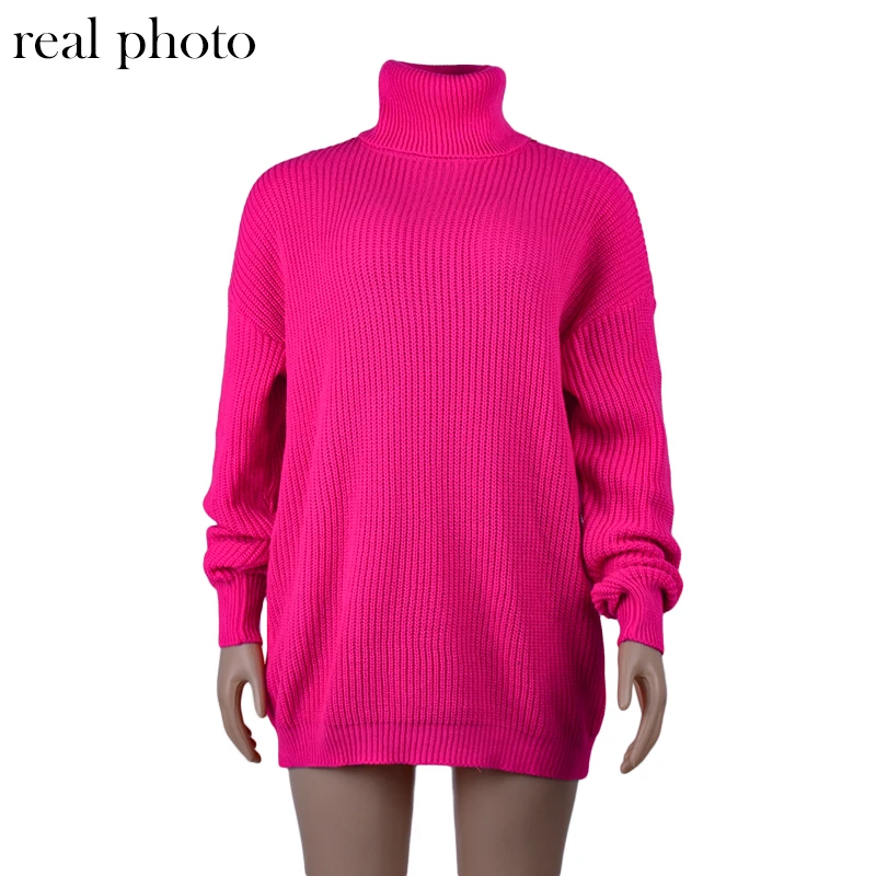 Криптографические свитера с высоким воротником для женщин, свободные вязаные пуловеры с длинным рукавом, осенне-зимние длинные свитера большого размера, ярко-розовые