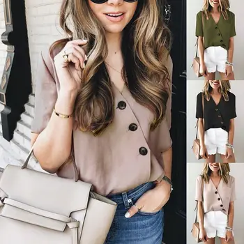 

Hot Sale 2020 nian Spring and Summer Fashion V-neck Pocket Button Shirt Ladies Blouse Shirt 600251