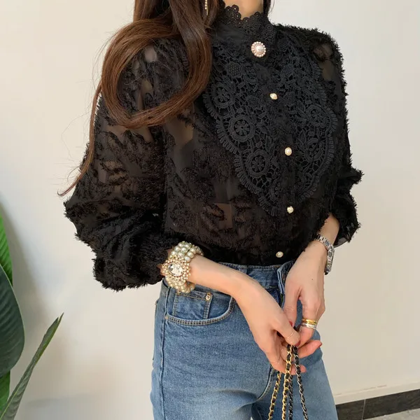 Hb26b72eb500d45018b87f400662a066fr - Spring / Autumn Korean Stand Collar Long Sleeves Crochet Lace Buttons Blouse