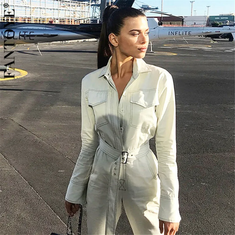 

Fantoye Vintage Denim Jumpsuits Women Rompers 2019 Long Sleeve Belt Bodycon Jumpsuit For Women Casual Pockets Cargo Overalls