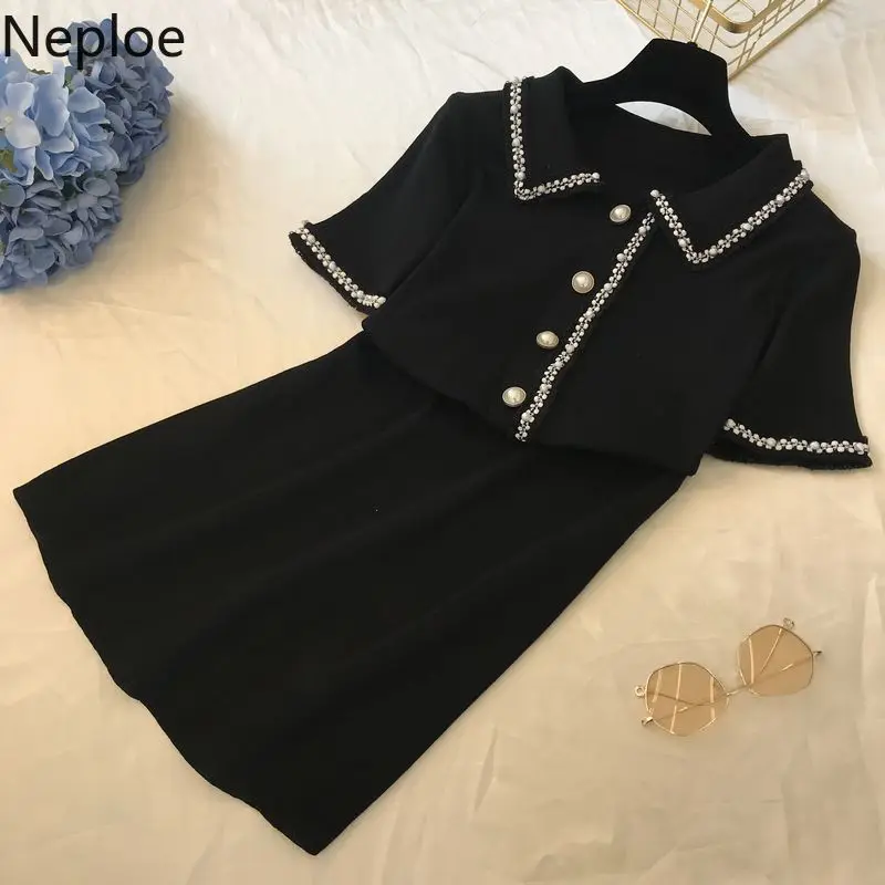 

Neploe French Style Fresh Dress Turn-Down Collar Single Breasted Vestidos Short Sleeve High Waist Dresses 45137