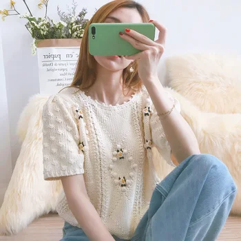

2020 New Women Knitted Short Sweater Crochet embroideried Vintage lady O-neck knitwear Wild Stylish Pullover Top