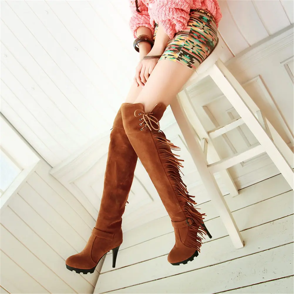 Dropship Classic Retro High Heels Party Fringes Boots Women Shoes Woman Winter Shoes Knee High Boots