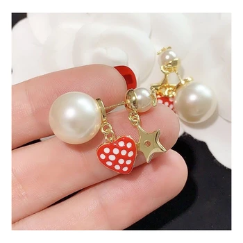 

Earrings Imitation Pearl Red strawberry Heart Star Stud Earrings Asymmetric Size Love Earrings Women Jewelry Z36