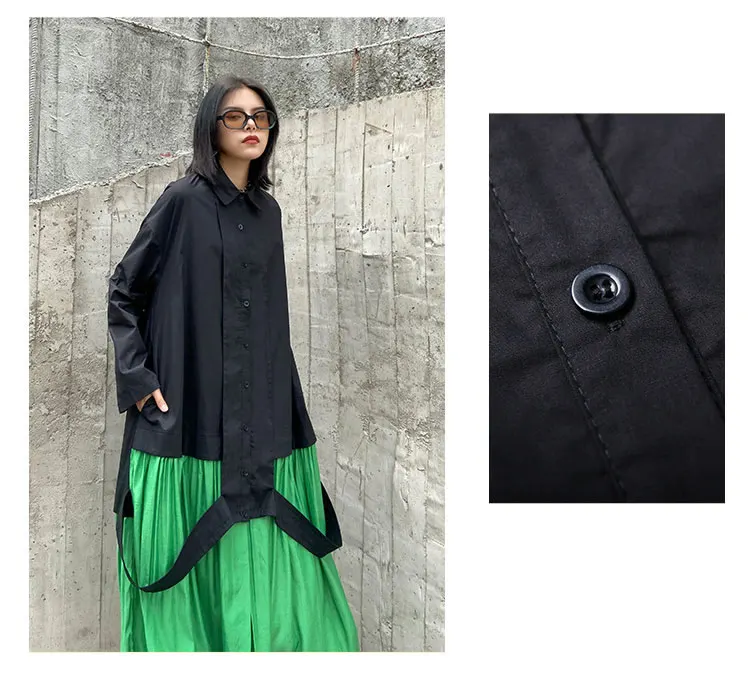 XITAO Patchwork Dress Fashion New Women Single Breast Patchwork Plated Hem 2020 Autumn Minority Casual Style Loose Dress ZP3457