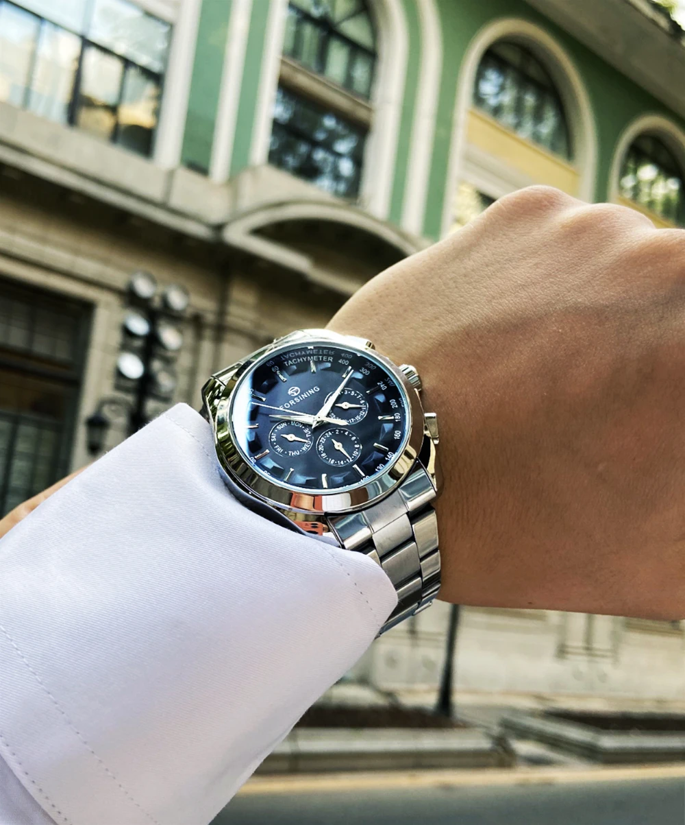 Forsining Business Style Automatic Watch mechanical watch business watch link For Men Black Dial Mechanical With Calendar Luminou Pointers to Brazil