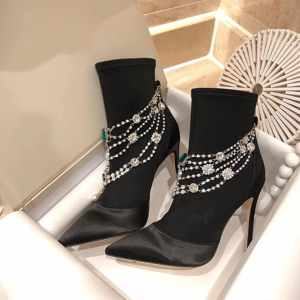 Botines Mujer; роскошные дизайнерские женские шелковые ботильоны с острым носком; Полусапоги на каблуке-шпильке 10 см, украшенные кристаллами и це... Botines Mujer; роскошные дизайнерские женские шелковые ботильоны с острым носком; Полусапоги на каблуке-шпильке 10 см, украшенные кристаллами и це...