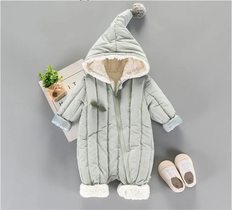 Winter Infant Baby Boys Girls Clothes Warm Hooded Jumpsuit New Jacket Outerwear Clothing Sets Cotton Rompers - Color: Green