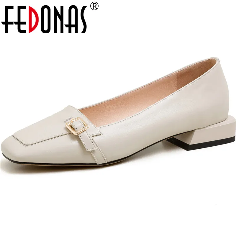 

FEDONAS Buckle Decoration Women Shoes Basic Square Heels Pumps Round Toe Genuine Leather Concise Office Lady Spring Shoes Woman