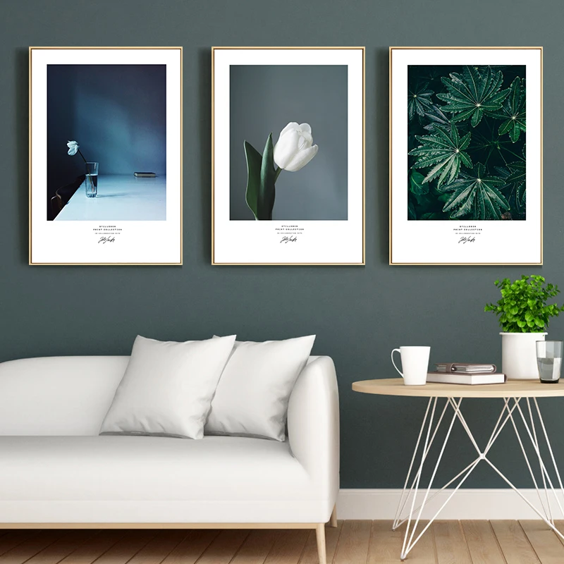 

Modern Green Plant White Flower Wall Art Canvas Painting Nordic Home Decoration Posters and Prints Wall Pictures for Living Room