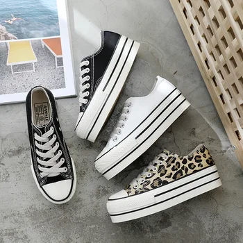 

Leopard High Heel Canvas Shoes Women Platform Jogging Breathable Casual Girls Outdoor Fashion Sneakers chaussures femme ZZ-38