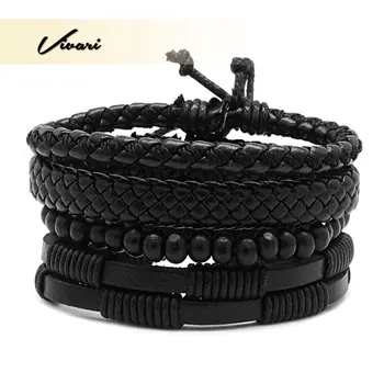 

Vivari Adjustable Men's Black Vintage Geniune Leather with Bead Bracelet Handmade Wristband Black Rope Fashion Accessories