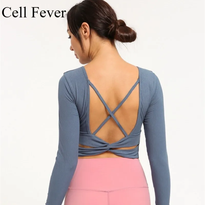 

Back Cross Slim Gym Top Women Long Sleeve Yoga Top Sport Shirts with Thumb Hole Workout Fitness T Shirt Crop Tops Sport Wear