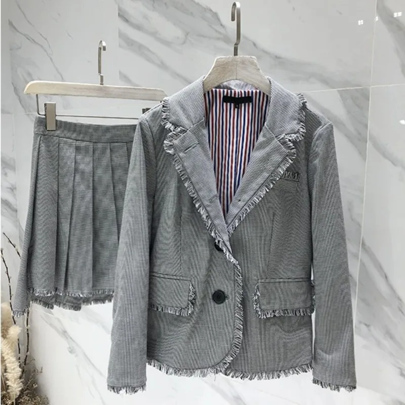 

Vintage College Style Tassel Plaid Blazer Jacket Women Mini Pleated Skirt Two Piece Set Spring Autumn Sweet Short Skirt Set S-L