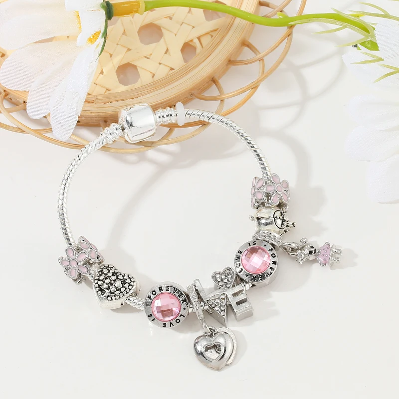 Beads Charm Bracelets For Women With Siver Color Chain Bracelets As Couple Christmas Jeweley Pulseira Gift Fashion FOREVER LOVE Bracelet Jewelry