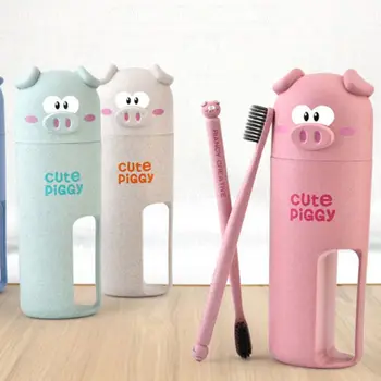 

Cute Cartoon Pigs Wheat Straw Travel Dental Oral Care With Storage Case Portable Washing Cup With 2 Toothbrushes Set