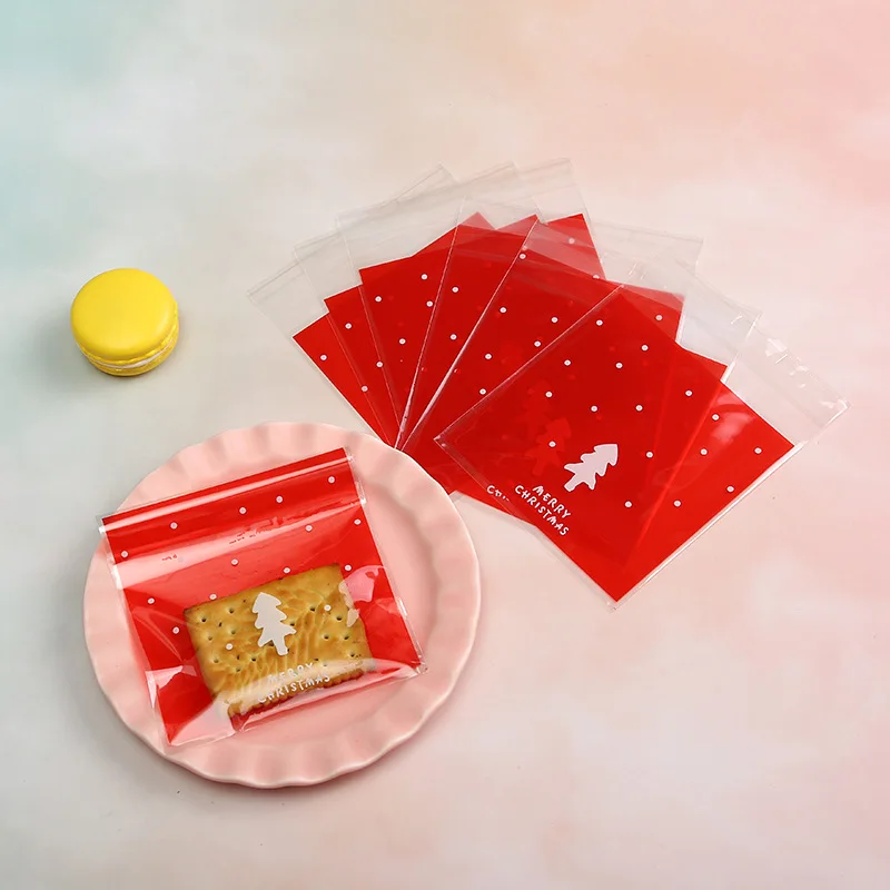 LBSISI Life, 100 шт, веселые рождественские пакеты для печенья на Хеллоуин, конфета, снег, год, сделай сам, упаковка, самоклеющиеся пакеты, подарочные пакеты - Цвет: Red Small Tree