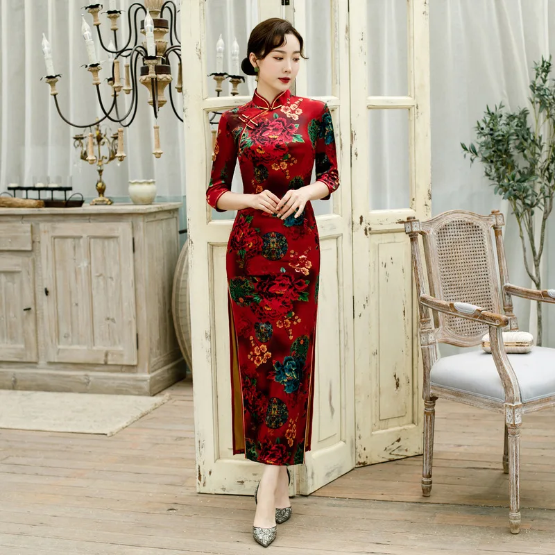 Осенние новые китайские женские тонкие длинные Cheongsam винтажные бархатные вечерние платья Элегантное платье с цветочным принтом Qipao оверсайз 3XL 4XL