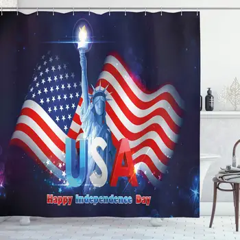 

4th of July Shower Curtain, Liberty Design Holding The Fire Justice Liberty Graphic Design, Cloth Fabric Bathroom Decor Set with