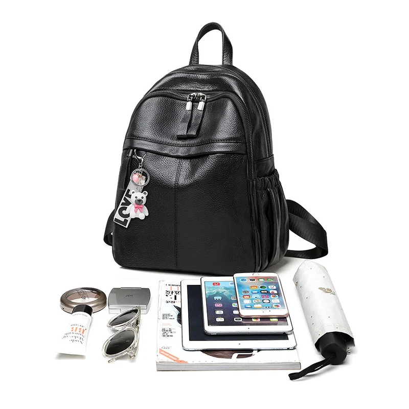 Women's Backpack Lady Simple Elegant Black Genuine Leather Knapsack Colleague Student Girls Schoolbag Travel Packsack 3
