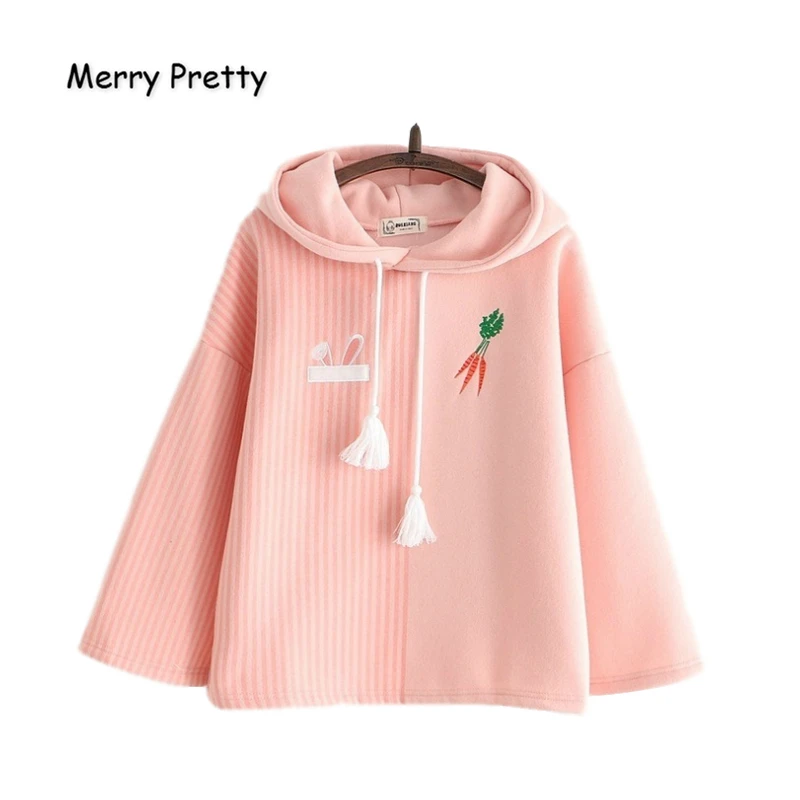 Merry Pretty, женские плотные толстовки с мультяшной вышивкой, толстовки, зимние теплые плюс бархатные милые пуловеры с капюшоном в стиле Харадзюку