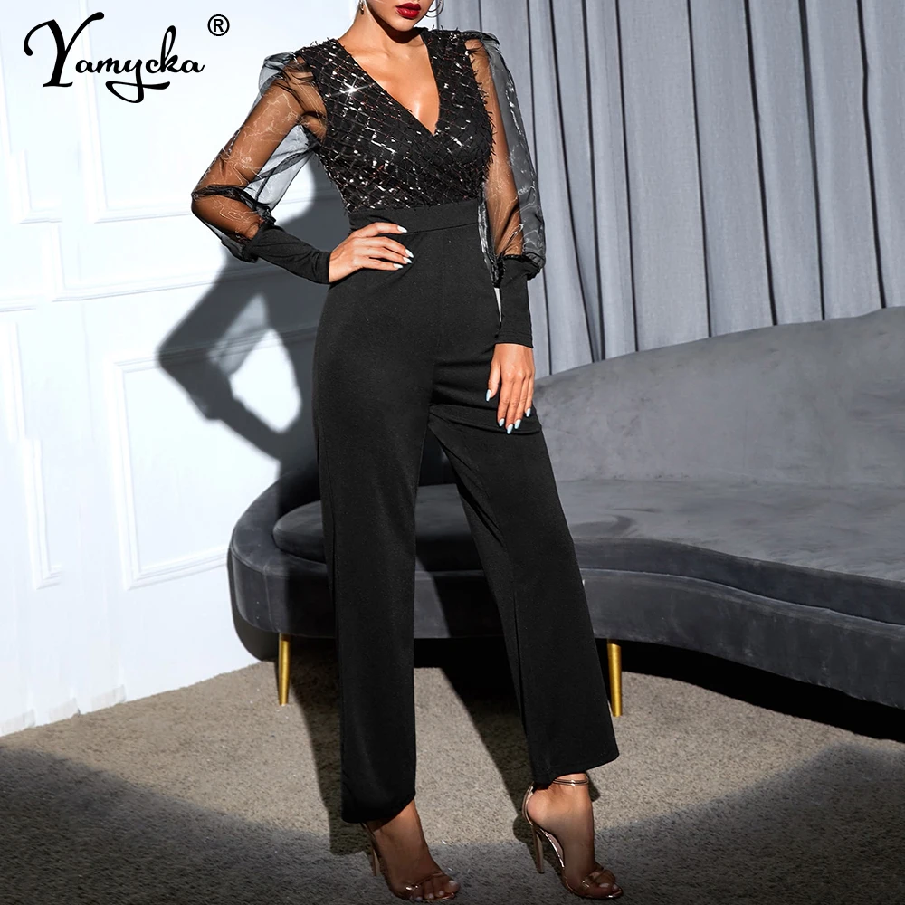 Sexy black Sequin bodycon jumpsuit women elegance mesh Long sleeve body birthday party club outfits jumpsuits bodysuit overalls long jumpsuits 2023 autumn winter new fashionable and elegant f slim fit loral sequin mesh patch v neck jumpsuits office lady