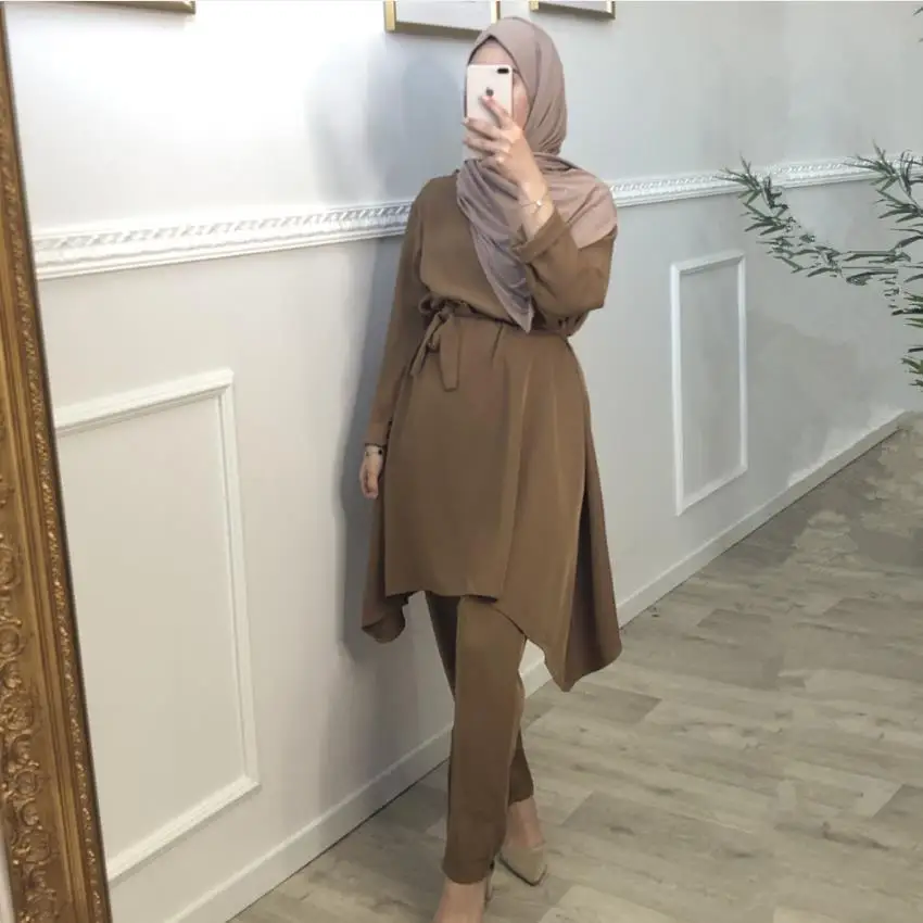 Mejor vendedor  Conjunto de ropa musulmana de 2 piezas para mujer, conjunto femenino de hiyab, caftán islámico, Grote Maten Dames Kleding, F1701 dV5D3GeN3