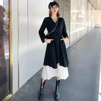 

Elegant Autumn 2 Pieces Sets Spaghetti Strap Long Dress+V-neck Black Long Sleeve Outwear High Waist Casual 2 Pcs Suits Dress