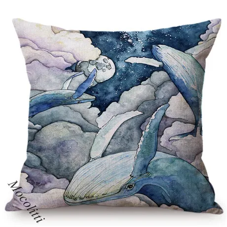 Blue Whale Style Ocean Animal Cushion Cover Water Color Painted Girls and Whale Dolphin Fairy Tales Decoration Sofa Pillow Cover 0097-2