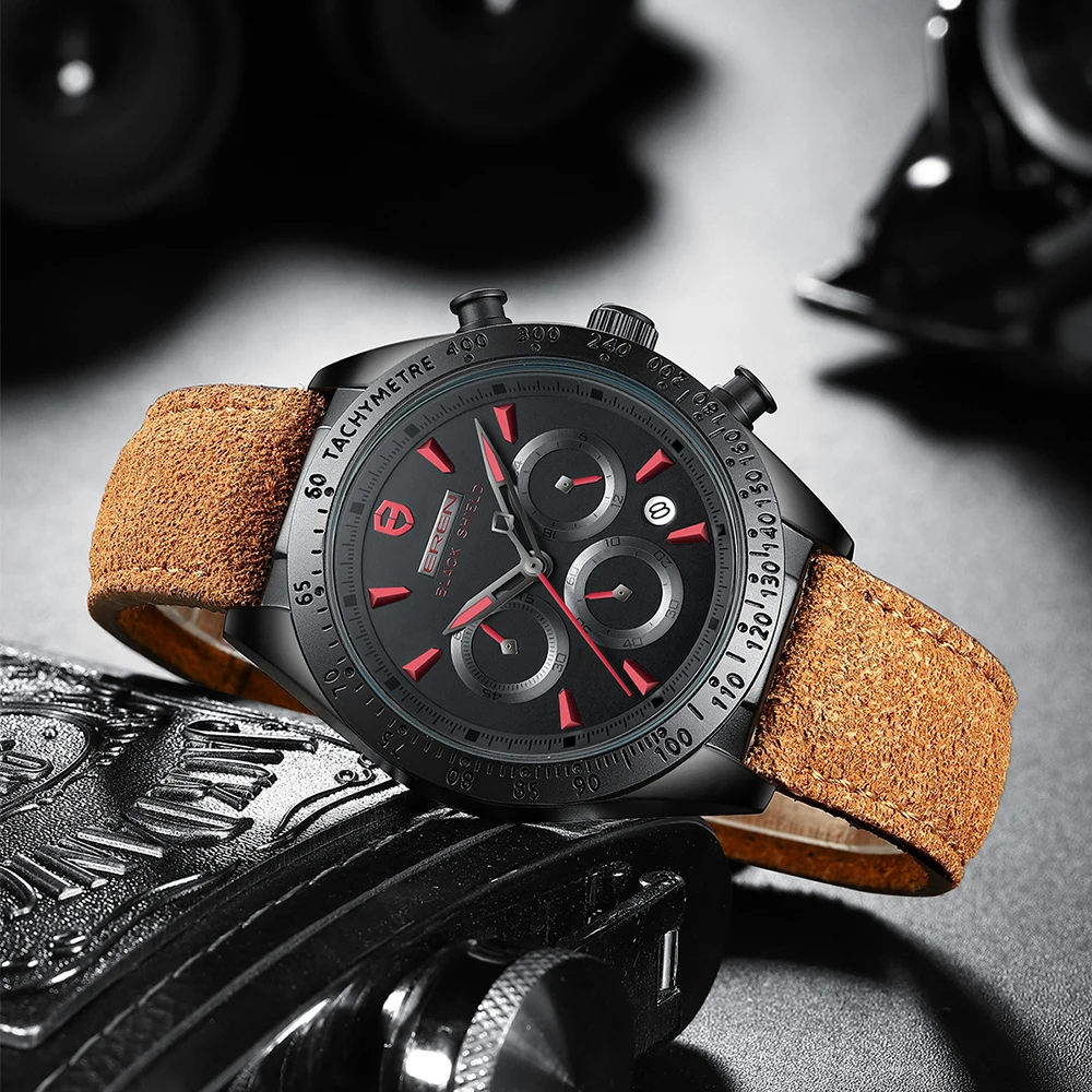 2022 Ever Move Men's Sports Chronograph  Luxury Literal Business Style Multifunctional Leather Real Nail Quartz Watch