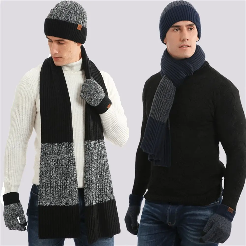 

Fashion Knitted Neck Warmer Touch Screen Gloves Fleece Scarf Hat Scarf Gloves Set Winter Warm Thick woolen hat Beanie Cap