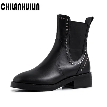 

plsu size autumn winter boots women ankle boots high quality genuine leather pointed toe ladies fashion rivets motorcycle boots